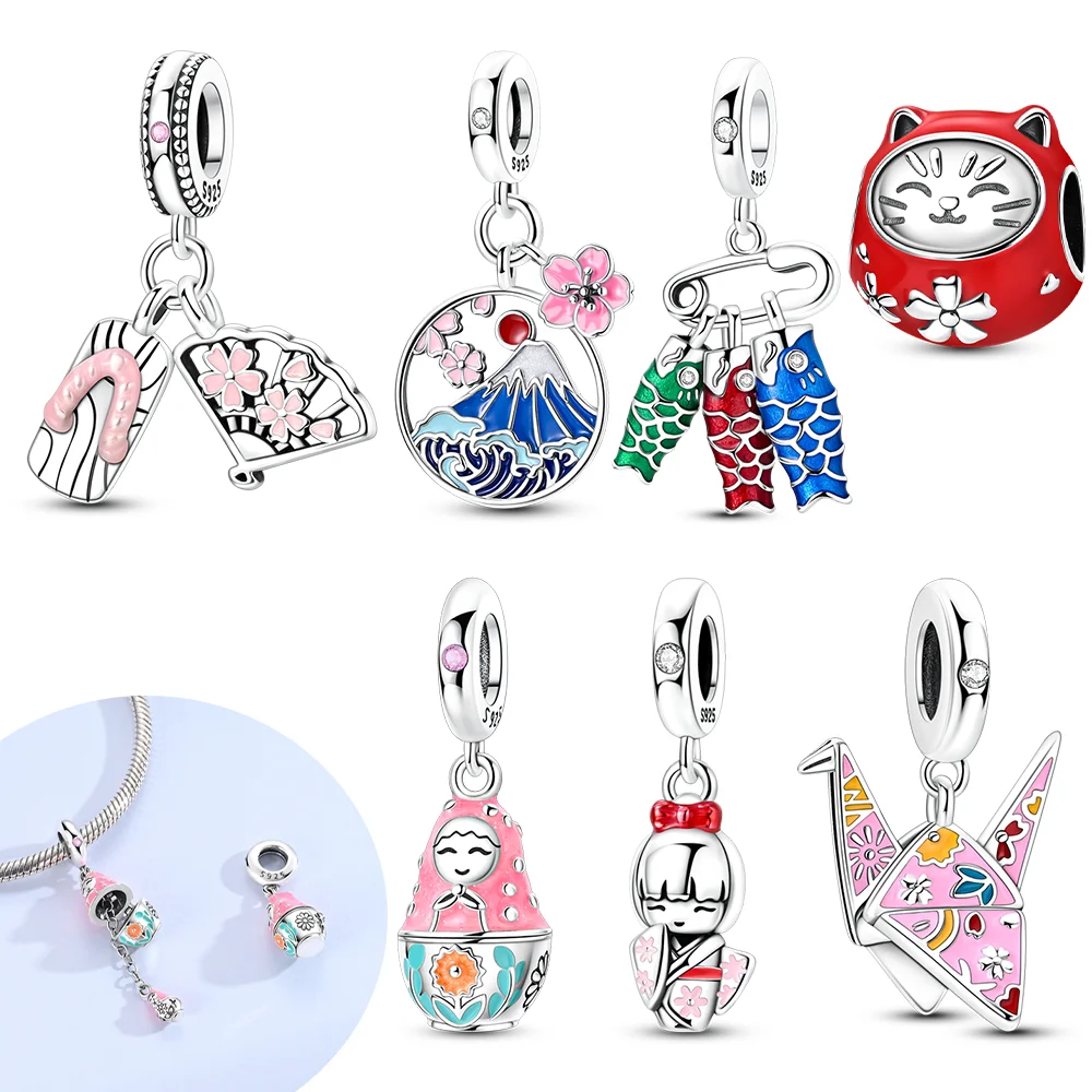 Origami Crane Matryoshka Geisha Fan Silver Plated Bead Original Charm Fit Bracelets Bag Keychain Charms DIY Women Gift Accessory
