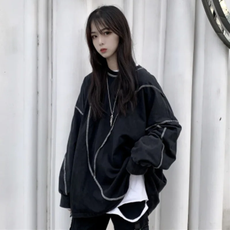 Koreańskie bluzy z kapturem Harajuku czarne Hip-hop szykowne dla nastolatków jesienne modne, dopasowane na co dzień, proste damskie Y2k Streetwear