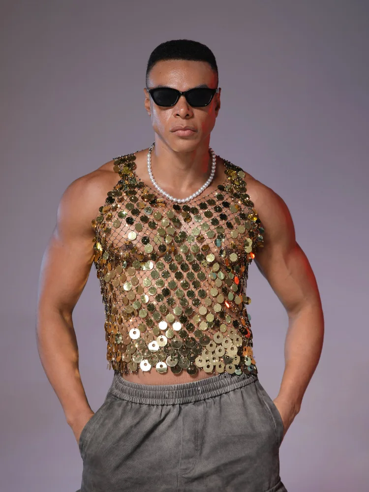 Sexy Sequin Rhinestone Tank Tops Summer European and American Fashion Men Stage Performance Shiny Mesh Hollow Out Vest
