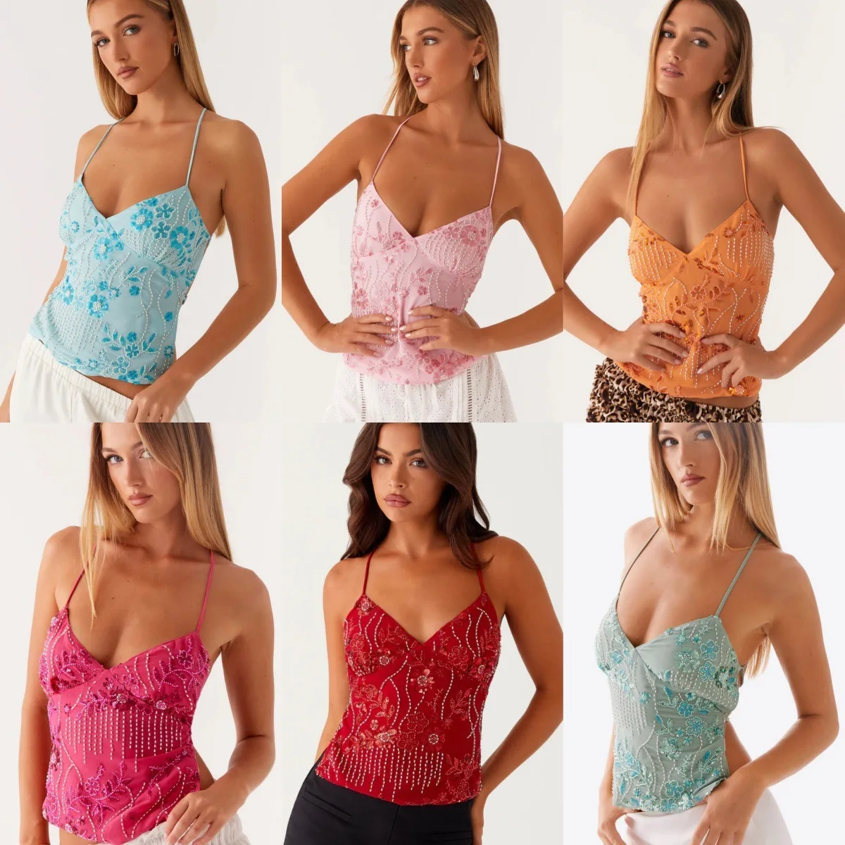 

2025 Summer New European American Style Embroidered Sequin Tank Top Women Sexy Y2K Camisole Crop Top Trendy Clubwear for Girls