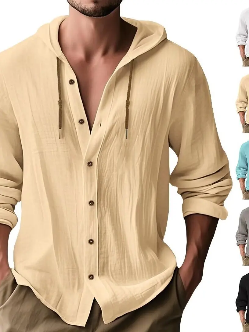 Retro Cotton Linen Men's Casual Hooded Long Sleeve Shirt Fashionable Breathable Lightweight Beachwear Comfortable Fit Shirt