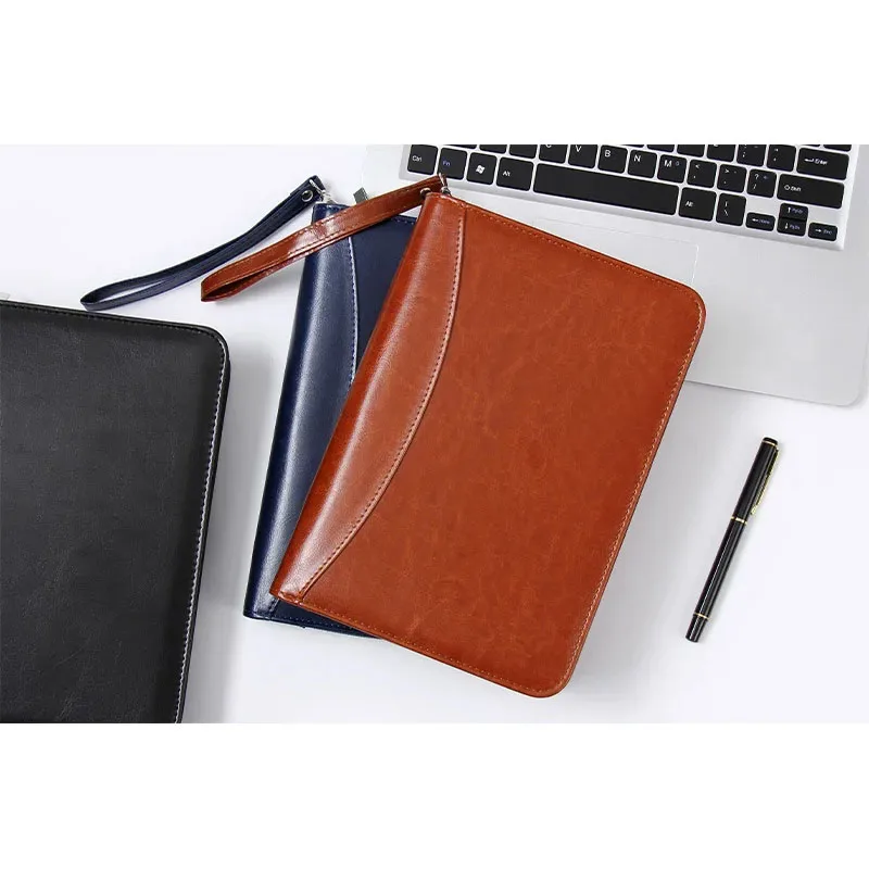 Multifunctional A5 File Folder Zippered Business Stationery Folder Leather Contract File Folders with Clip Organizer Card Holder