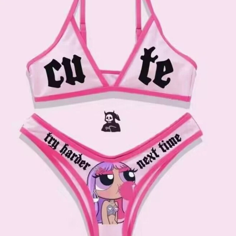 New Punk Gothic Letters Print Bikinis Set Sexy Bikini Women Skull Pattern V-neck Swimwear Fashion Swimsuit Bathing Suit