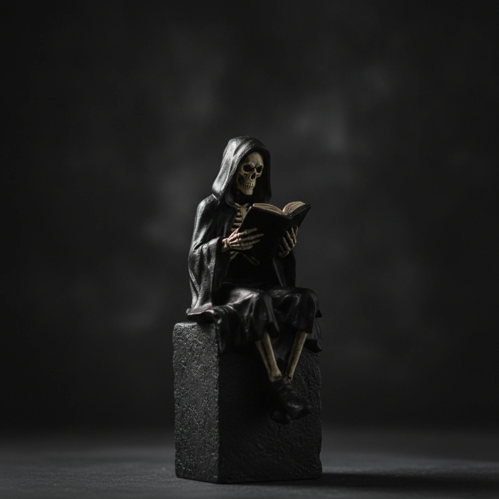 Seated Figurine with Book Dark Fantasy Hooded Figure Figurine Shelf Sitter Gothic Statue Antique Black for Collectors, Bookshelf view 6