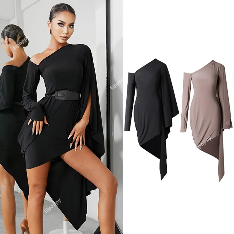 

Irregular Latin Dance Dress Women Black/Khaki Bat-Sleeved Sexy Dress Rumba Ballroom Dance Performance Dancewear Practice Dress