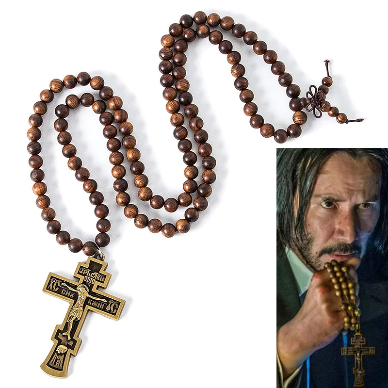 New Movie John Wick Baba Yaga Cosplay Necklace Unisex Beads Chain Jesus Cross Alloy Metal Pendant Necklaces Jewelry Gifts