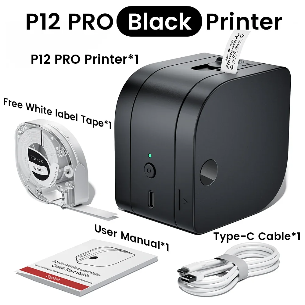Phomemo Etikettendrucker P12 PRO Tragbarer Etikettendrucker, 12 mm, wiederaufladbarer Bluetooth-Tintenlosdrucker, mehrere Vorlagen für Büro und Zuhause