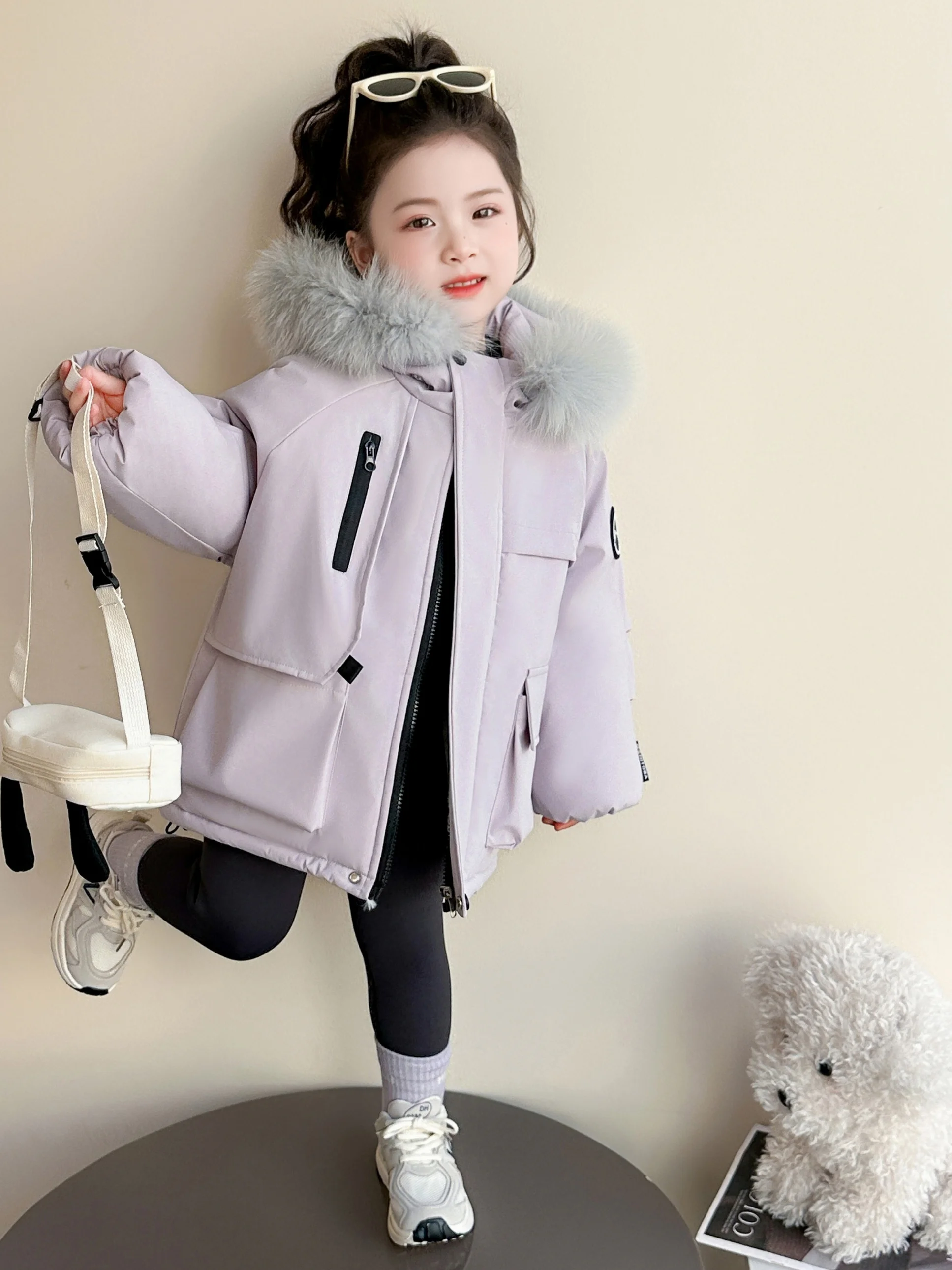 

Пуховое пальто с воротником из искусственного меха для девочек, зимнее тепе пальто с внутренним капюшоном Fce, средней длины, застежкой-молнией, хлопок Ou...