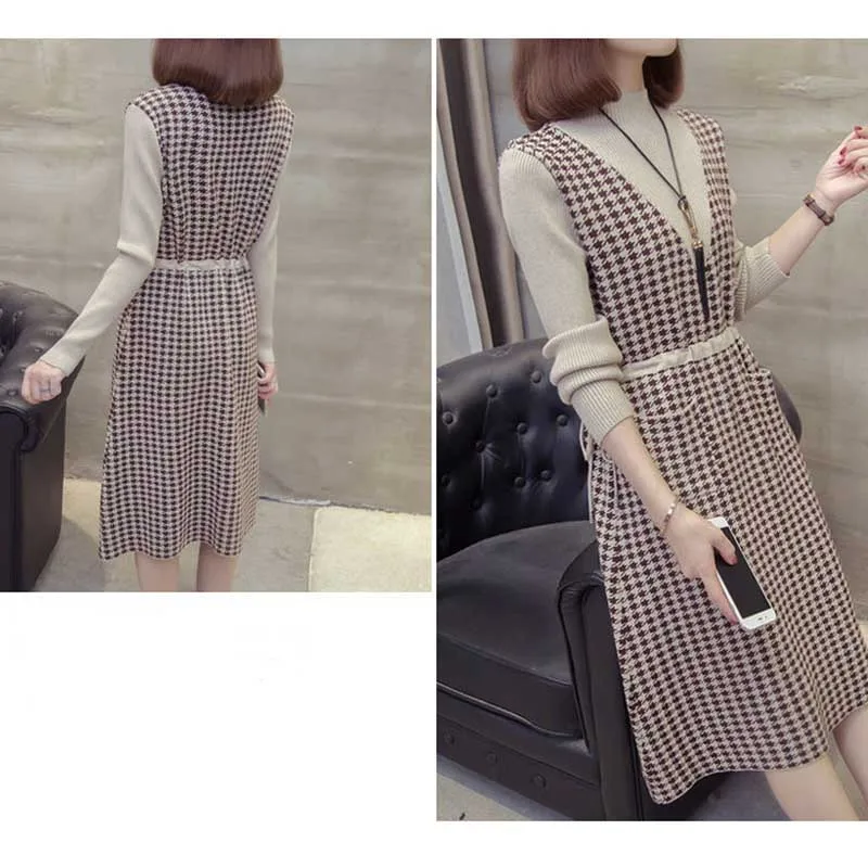 Elegant Shirring Houndstooth Fake Two Pieces Midi Dress Women's Clothing 2023 Winter Loose Knitted Office Lady Ladies Dresses