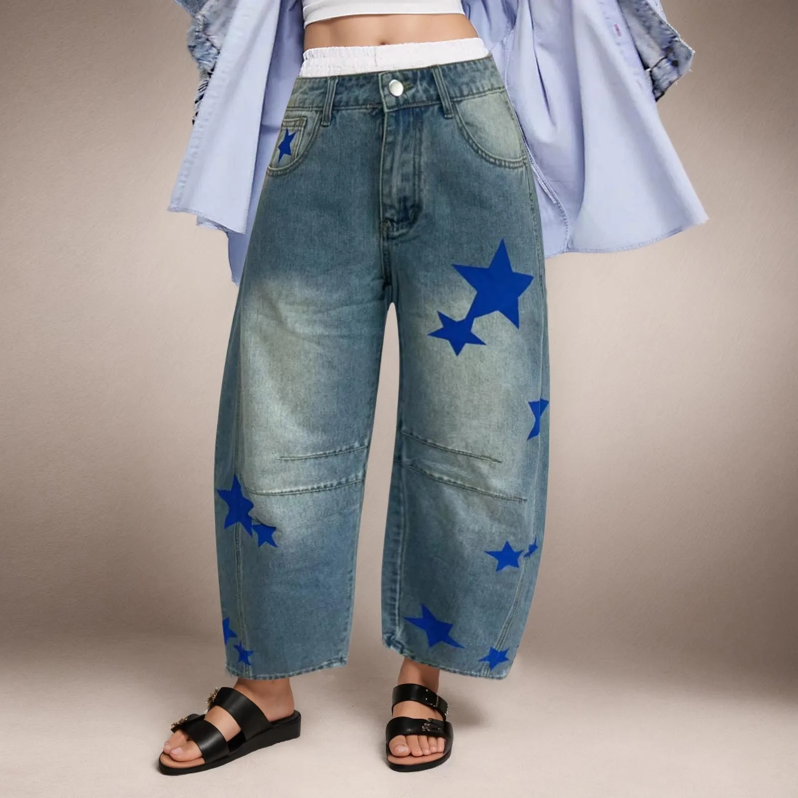 

Baggy Casual Pants for Women for Work Very Soft Older Mid Rise Barrel Jeans For Women Wide Leg Mid Waist Cropped Denim Pants