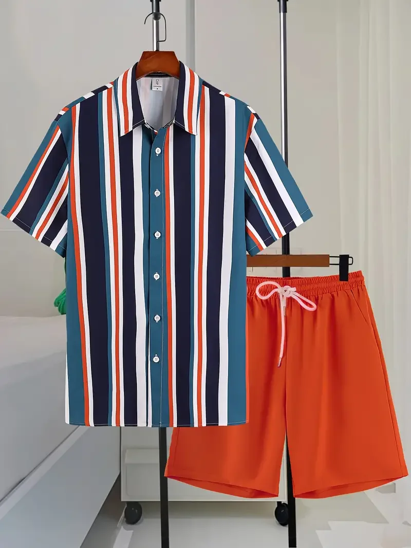 Herren 2 stücke Set von lässigen Outfits Farb block Kurzarm Knopf Revers Shirt solide Shorts Sommer Mode Komfort Casual Sets