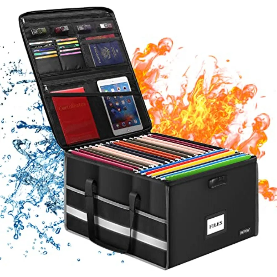 

Fireproof Document Box with Lock File Storage Organizer Box with Inserts ＆Mesh Pockets Collapsible Portable Large Filing Cabine