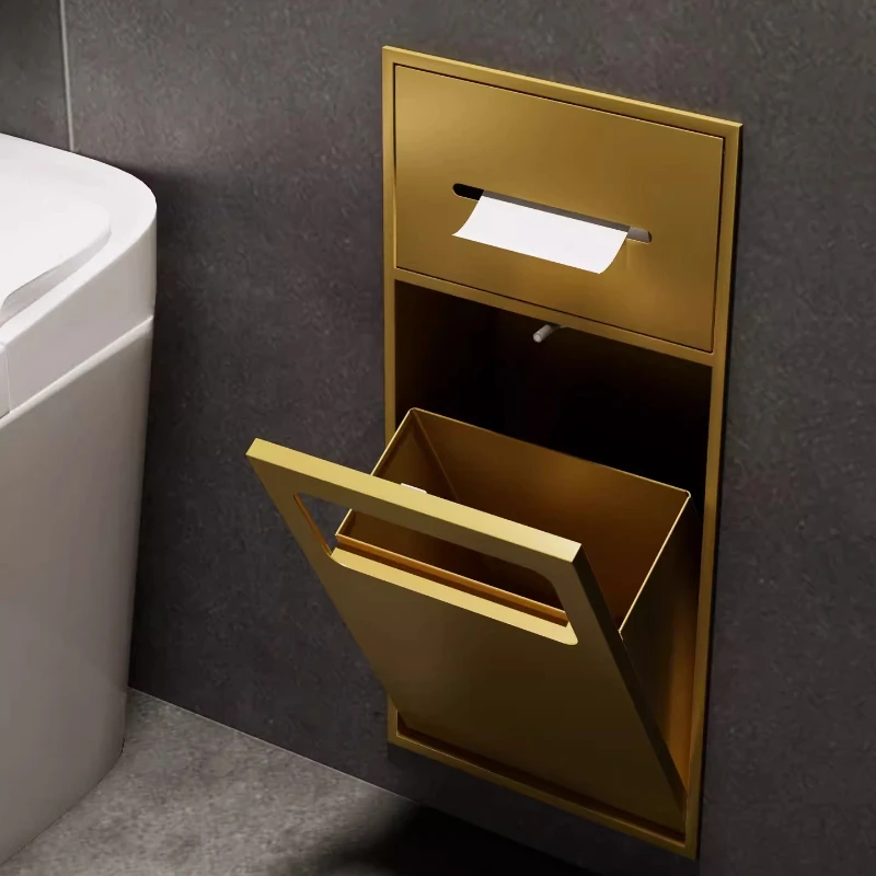 

Multifunctional Recessed Bathroom Organizer, Stainless Steel Toilet Paper Holder, Wall-Mounted Storage Niche with Trash Can