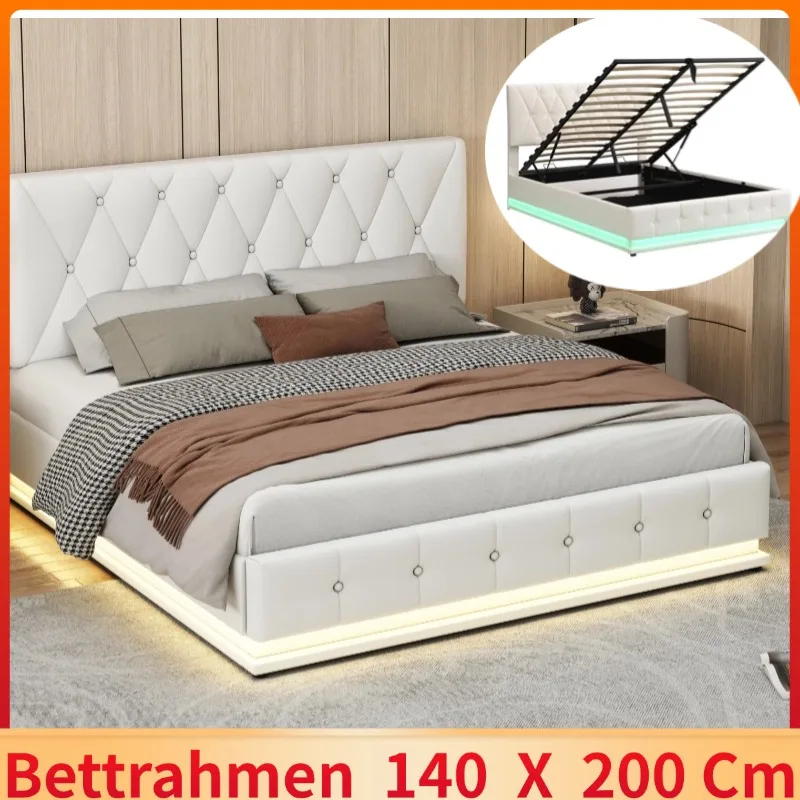 Upholstered bed 140x200 cm double bed with LED lighting hydraulically liftable bed storage space, cover made artificial leather