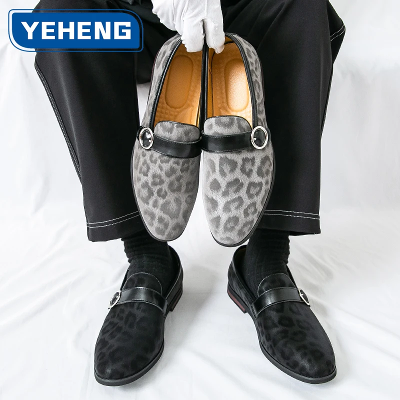 Luxury New Designer Men's Pointed Leopard Pattern Wedding Leather Shoes Male Casual Monk Strap Loafers Business Commute Footwear