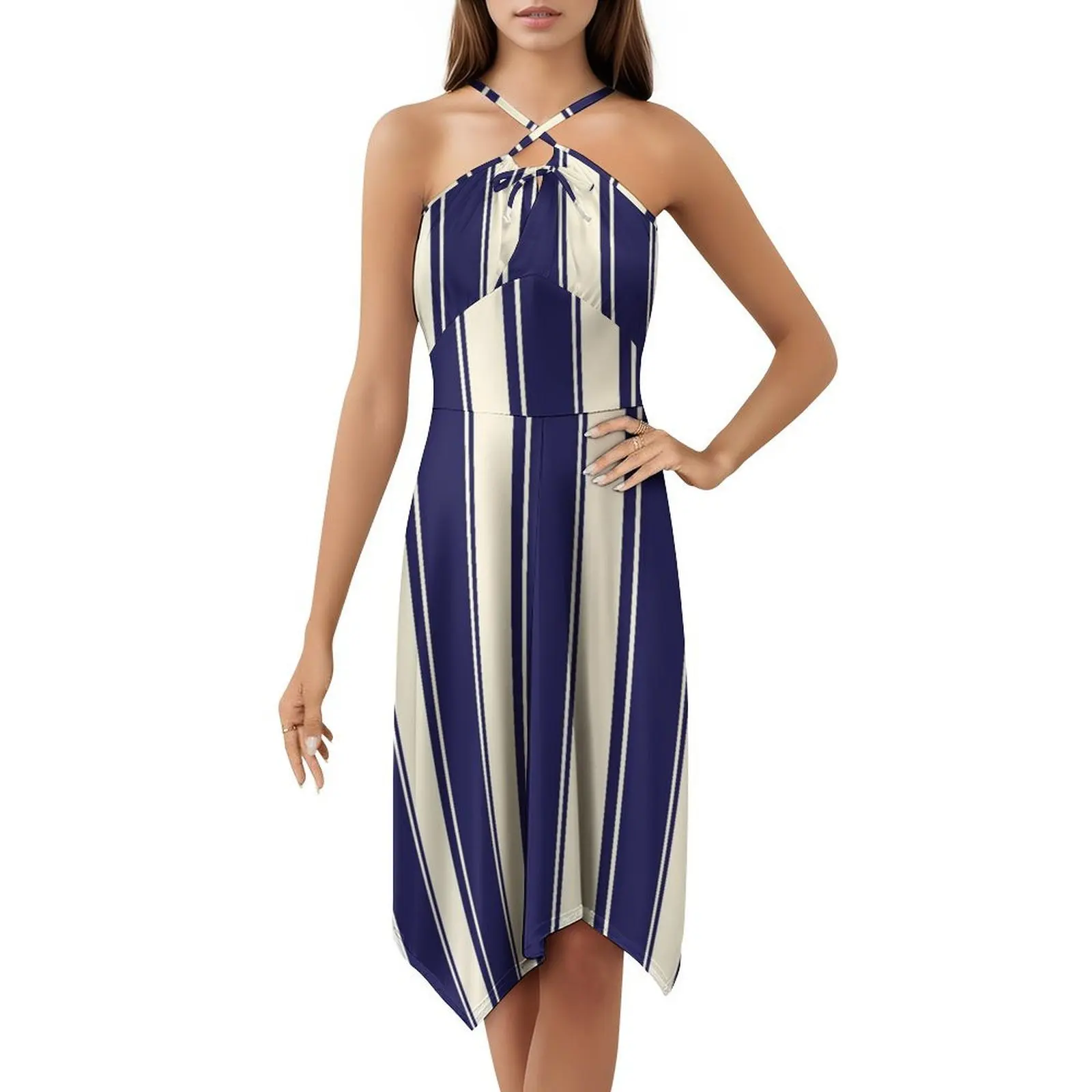 Creme e azul marinho listras feminino hip hop streetwear vestido impressão gráfica festa clube wear listras creme vertical azul marinho