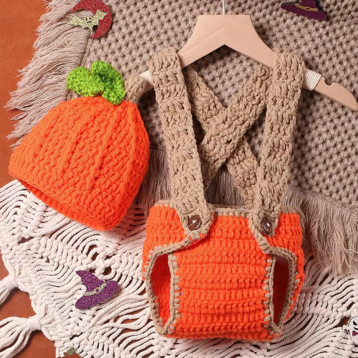 Ylsteed Hand Knitting Newborn Halloween Oufits for Photo Shooting Infant Photography Props Pumpkin Hat and Pants Set