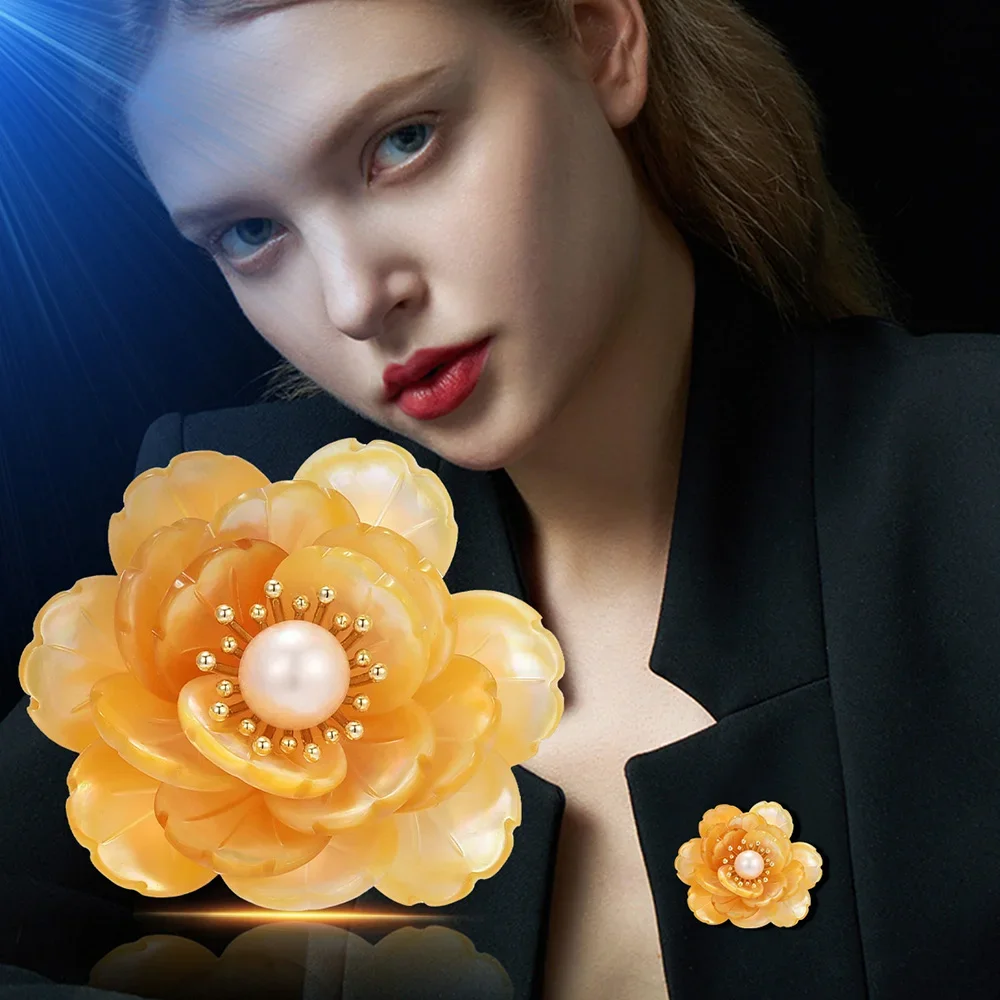 

Yellow Peony Flower brooch for Women Fashion Pearl stamen High quality metal copper jewelry Suit corsage pin accessories Jewelry