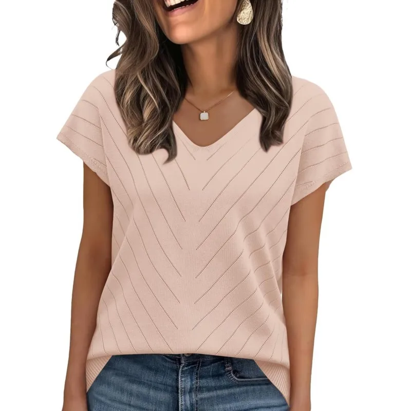 

Women's Clothing Europe America All-match Knit T-shirt Summer 2025 New Casual Loose V-neck Short Sleeve Pullover Lady Solid Tops