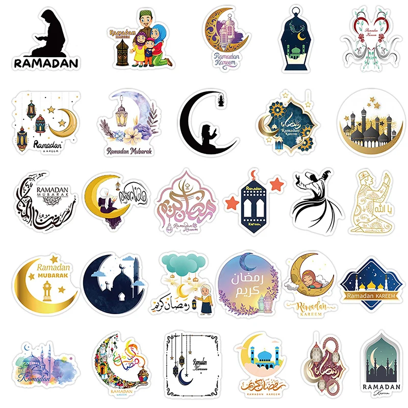 50pcs Eid Mubarak Cartoon Stickers Ramadan Decorations Lable Decals Islamic Muslim Eid Al-Fitr Vinyl Waterproof Sticker Supplies