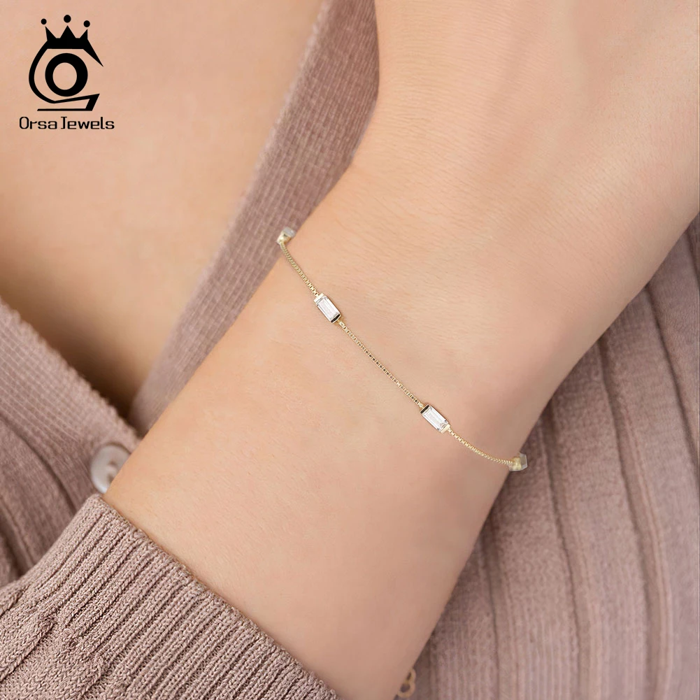 ORSA JEWELS 14K Gold 925 Sterling Silver Multiple Emerald Cut Zircon Link Chain Bracelet for Women Girls Bracelet Jewelry SB172