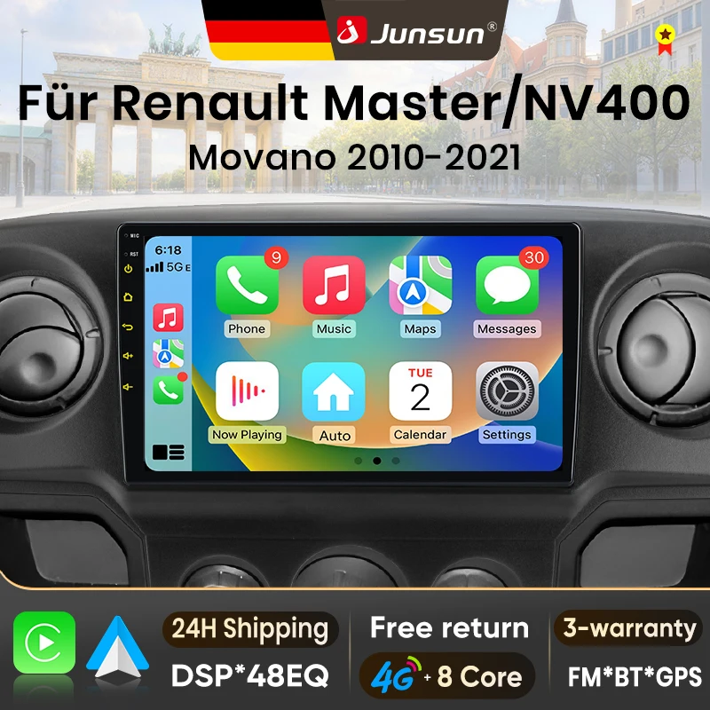 Autoradio Android 15 Junsun pour Renault Master Nissan NV400 Opel Movano 2010-2021 avec Apple CarPlay, écran stéréo multimédia, lecteur vidéo, systèmes intelligents automobiles, autoradio 2 Din, GPS, navigation, Bluetooth 4G, 8 cœurs, FM, DSP, RDS, DAB+