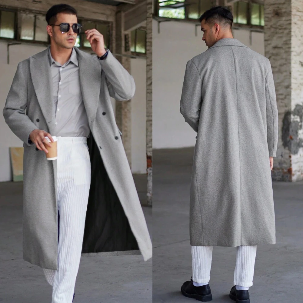 Luxury Grey Wool Men's Coat Double Breasted Trench Coat Party Prom Customized Formal Long Overcoat E26275