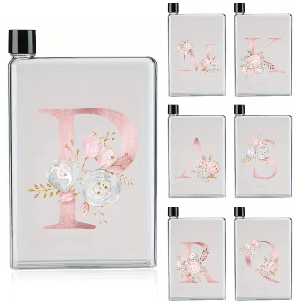 420ml Reusable Flat Water Bottles Travel Notebook Paper Cup Portable Direct Drink Mug Pot Outdoor Pink Flower Letter Pattern