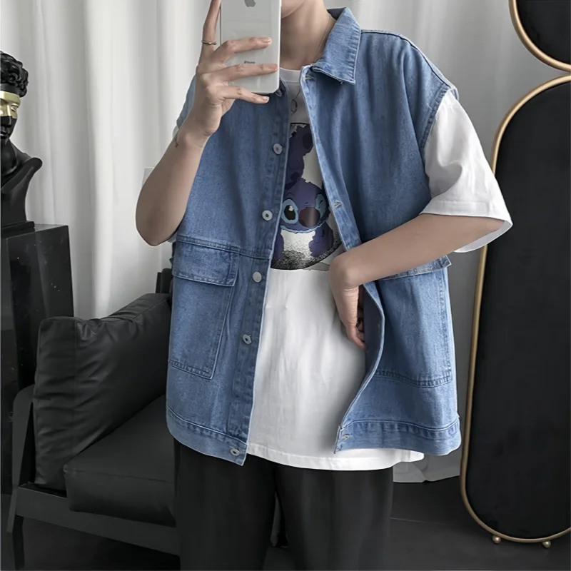 Spring Autumn Men's Denim Waistcoat Hip Hop Fashion Vintage Sleeveless Cargo Vest Male Loose Versatile Handsome Camisole Coat