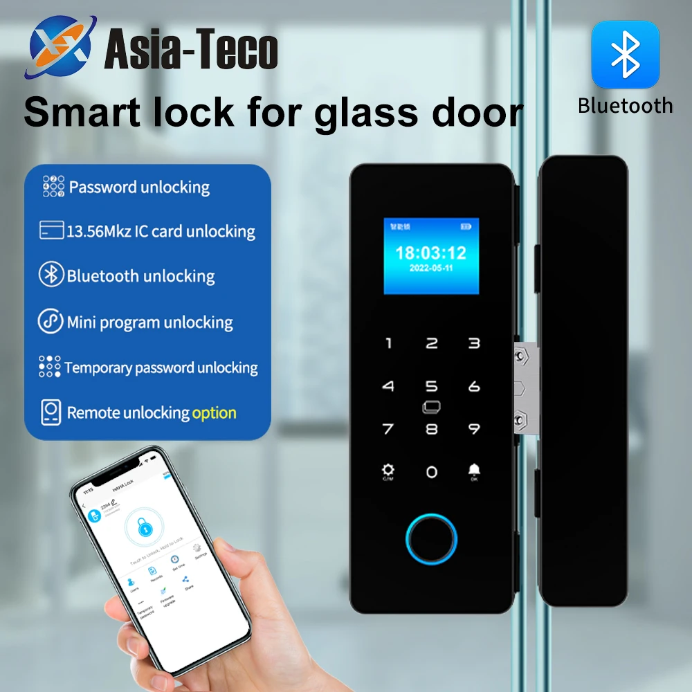 HAHALock App Bluetooth Smart Glass Door Lock Remote Unlock Fingerprint RFID IC Card Double Hook Lock with Time Attendance Record