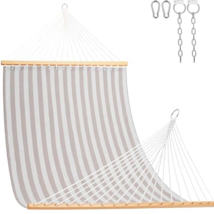 

Outdoor double hammock with spreader bar for patio, poolside, backyard, beach; quick-dry textilene fabric; beige and white stri