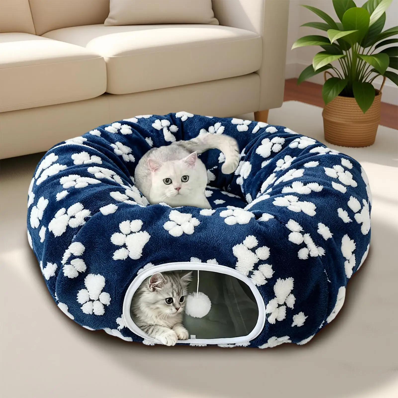 Cat Donut Bed Soft Large Foldable Warm with Toy Ball Pet Supplies Donut Cat Bed Pet Tunnel for Indoor Floor Home Living Room