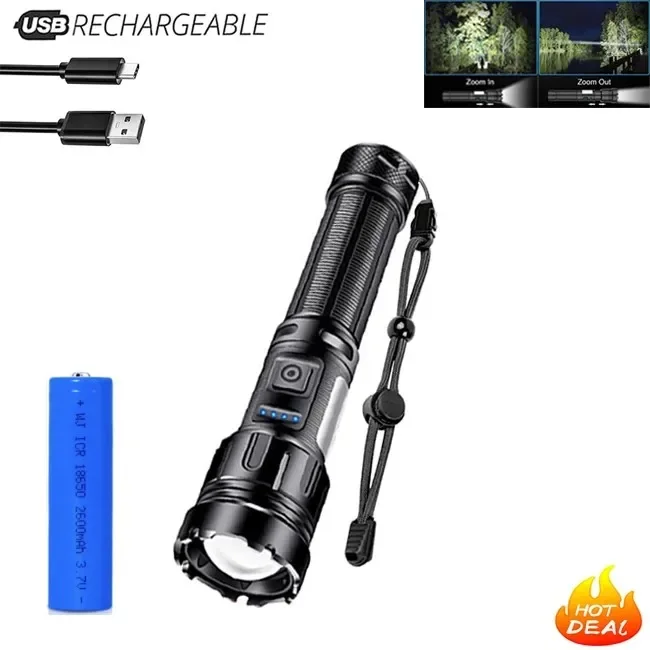 2000000LM XHP200 Bright LED Flashlight with COB Work Light 5000mAH Type-C Usb Rechargeable Tactical Flashlight XHP50 Zoom Torch