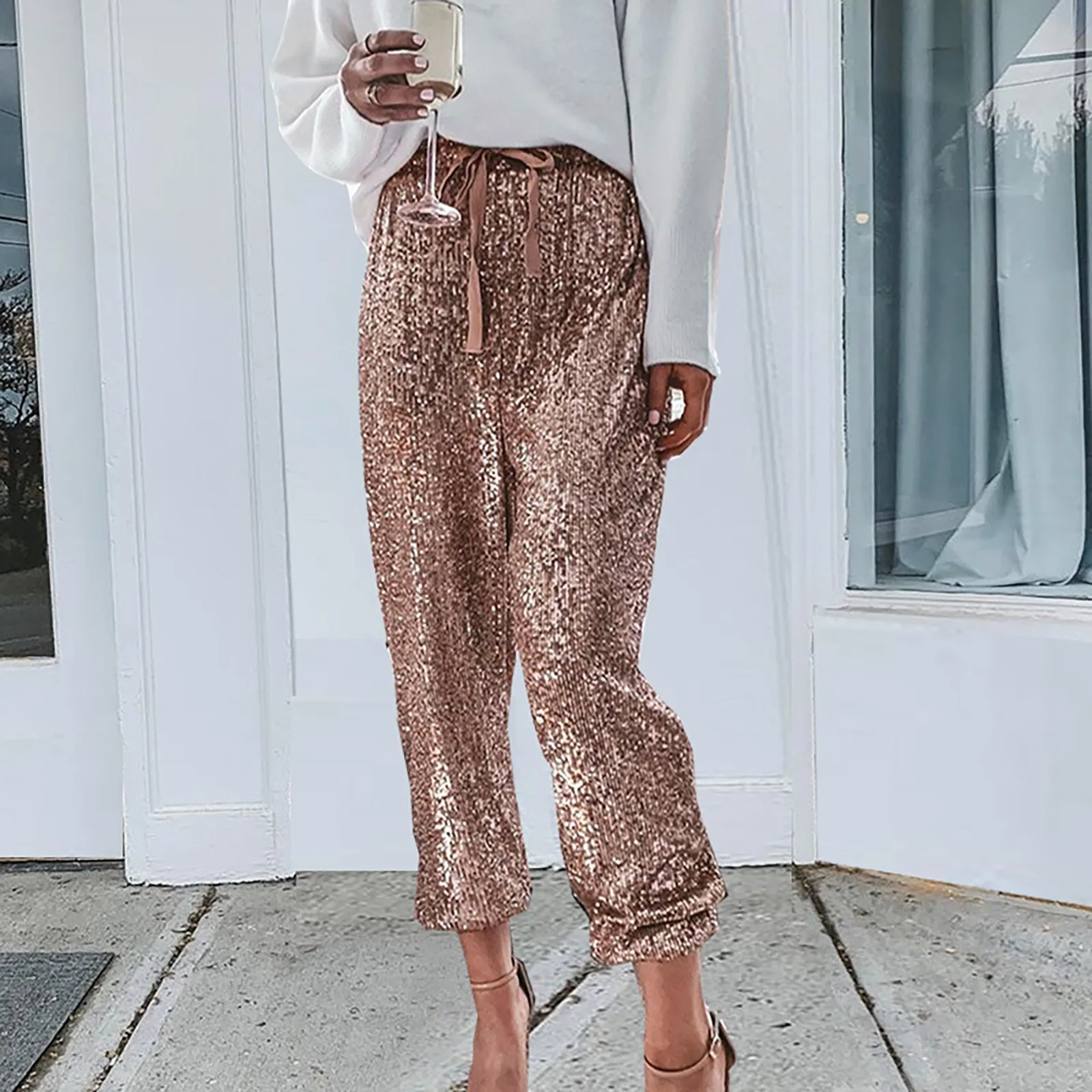 

Women's Ruffled Beaded Sequined Drawstring High Waisted Casual Pants Fashionable Loose Solid Color Shiny Straight Leg Pants