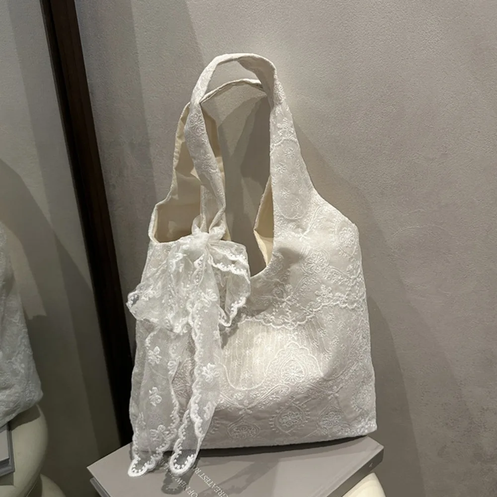 

Shopping Tote Bag Lace Shoulder Bag Korean Style Kawaii Simple Canvas Handbag Cloth With Ribbon Large Capacity Bag Daily