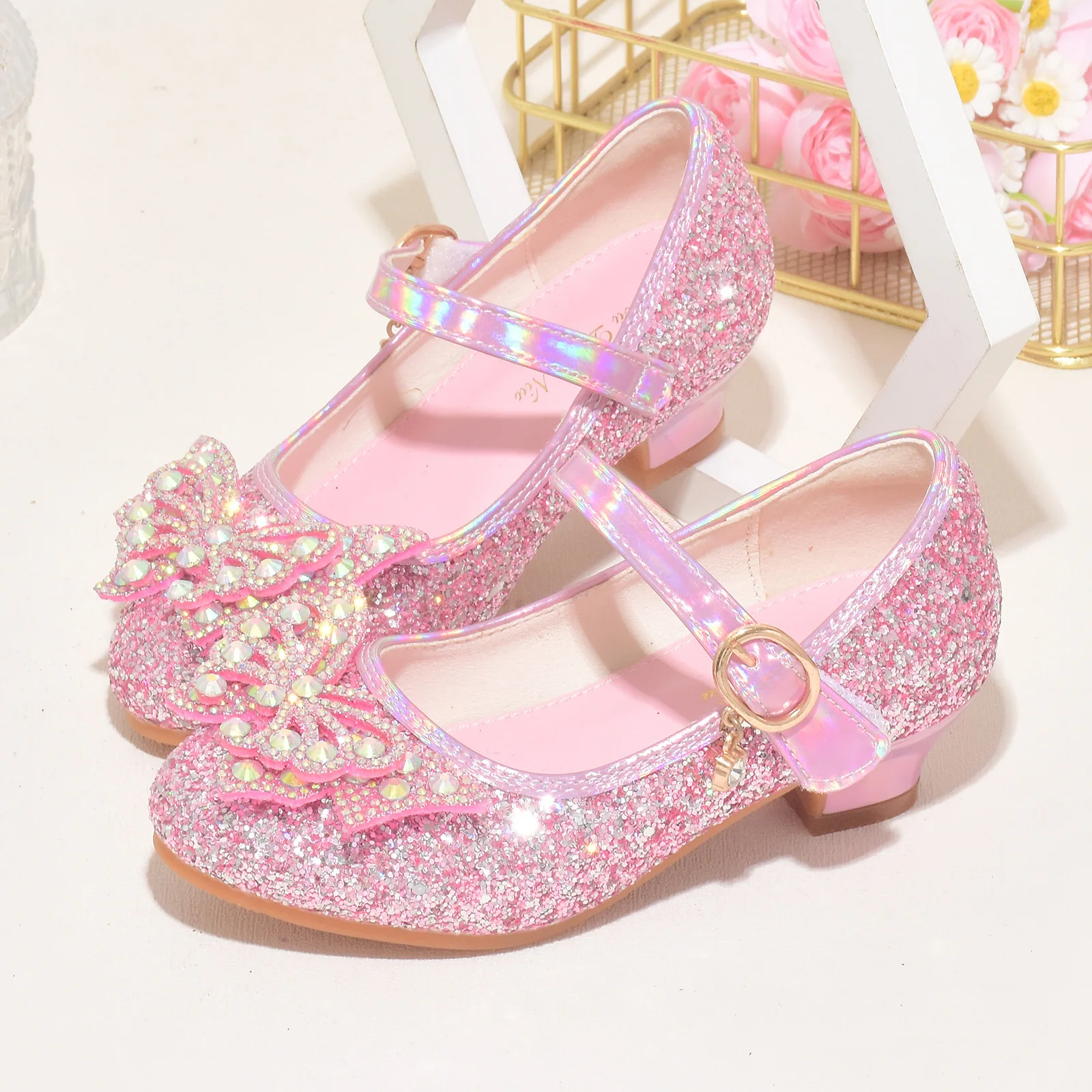Princess Crystal Silver High Heels Children Performance Shoes Elementary School Girls Dance Show Shoes Anti-slip Rubber Sandals