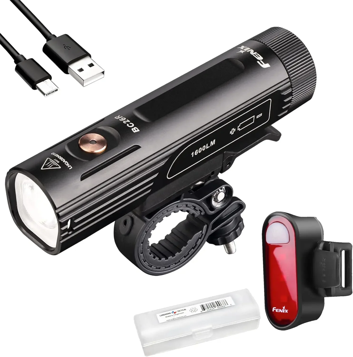 Fenix BC26R 1600 Lumen Rechargeable Bike Light with BC05R V2.0 Bike Safety Taillight, with Lumentac Organizer