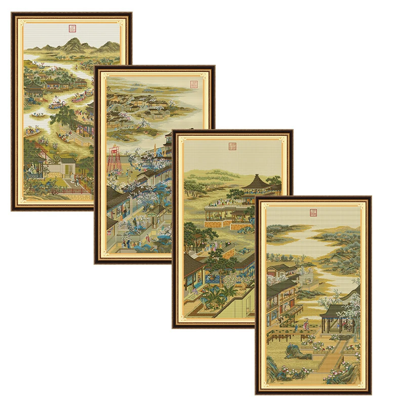 Ancient Chinese Landscape Cross Stitch Embroidery Kit Yongzheng Twelve Seasons Painting Cotton Thread Diy Needlework Decor