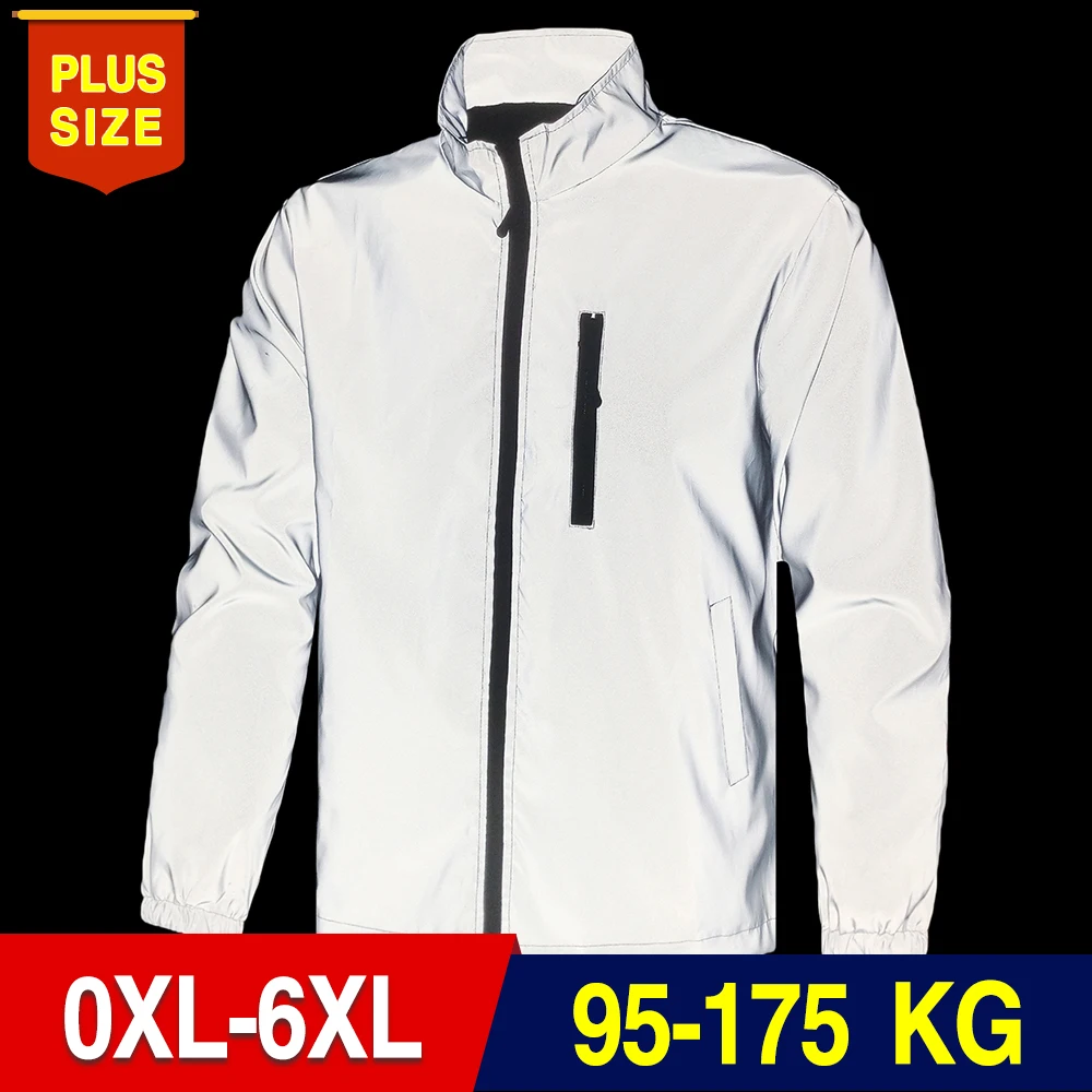 Plus Size Men's Reflective Jacket Stand Collar Windproof Clothes 6XL 7XL 8XL Night High Visibility Cycling Running Coats