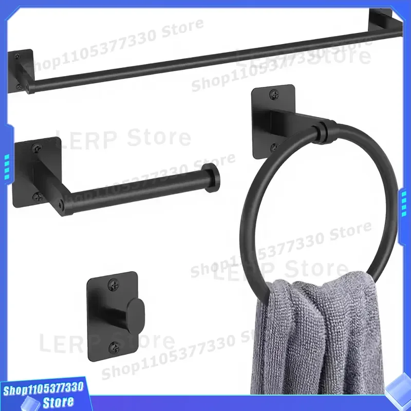 Matte Black Bathroom Accessories Set 4 Piece Aluminum Alloy Wall Mount Towel Bar Toilet Paper Holder Coat Hook Hardware Kit