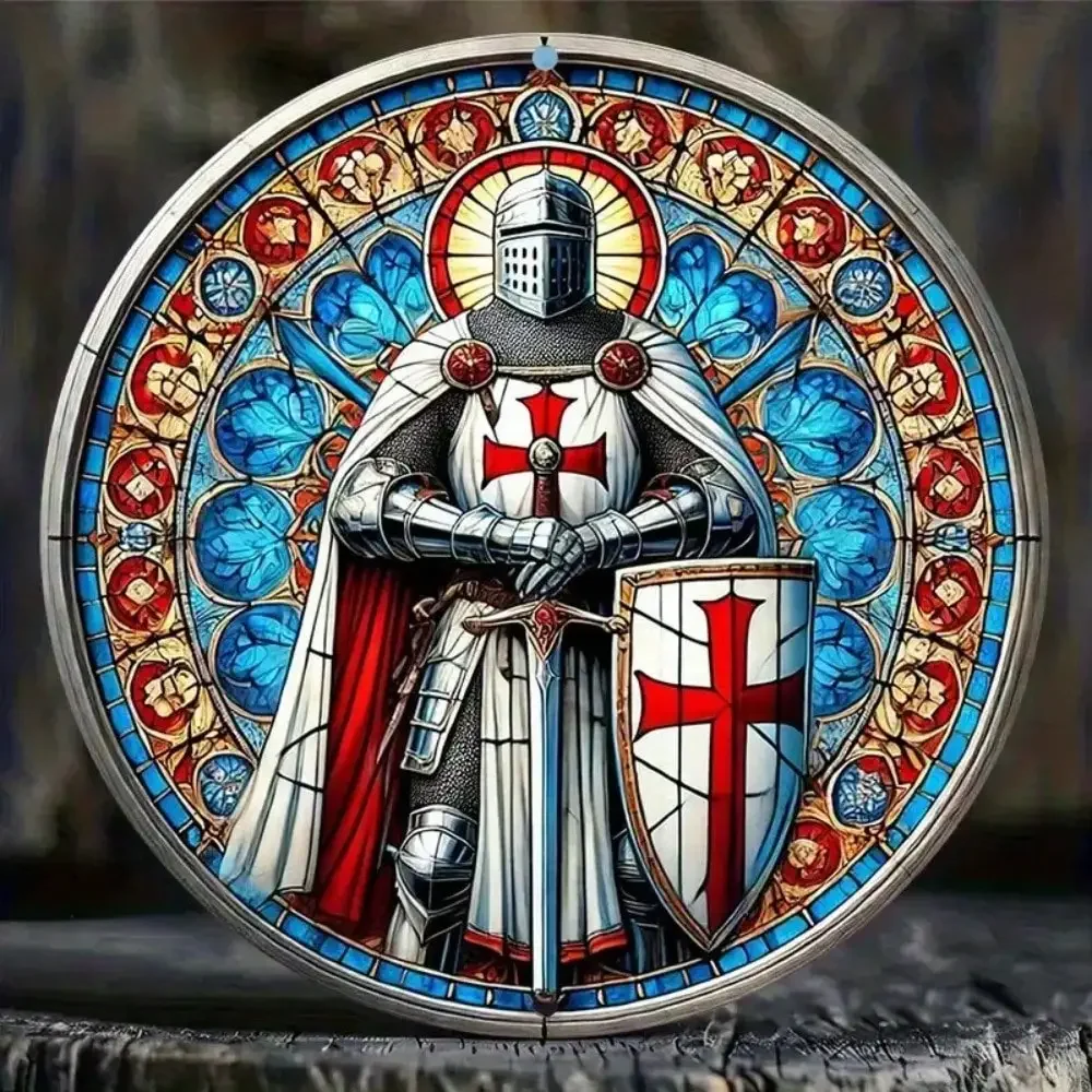 Templar Knight Stained Glass Art Tin Sign - Vintage Durable Metal Plaque Wall Decor, Home Office Bar Man Cave Wall Art