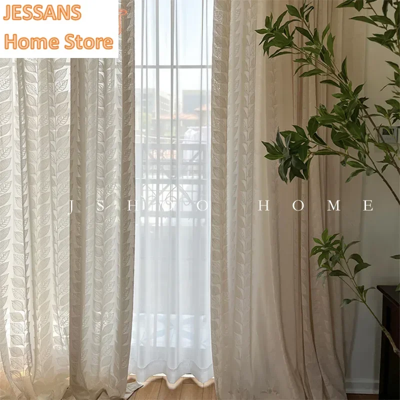 

French Cream Style Leaf Three-dimensional Relief Living Room Window Screen New Light-transmitting and Opaque Tulle Curtain