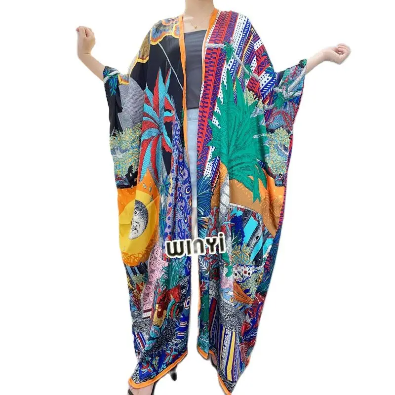 

XIZEO Summer Women Cardigan stitch Cocktail sexy Boho Maxi African Holiday Batwing Sleeve Silk feeling Robe kimono kaftan