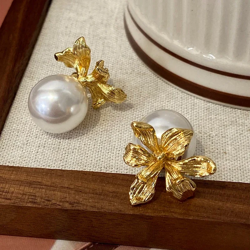 

Real 925 Sterling Silver 18K Gold Pearl Flower Stud Earrings for Women Trendy Fine Jewelry Removable Plant Accessories