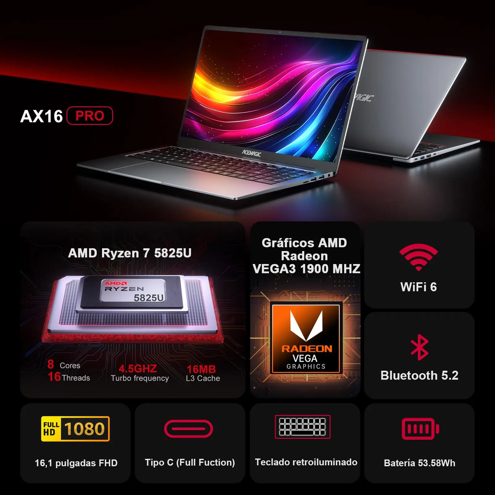 ACEMAGIC Gaming Notebook AMD Ryzen 7 5825U(Beat i7-1265U) ackbed Laptop Keyboard RAM 16GB NVME SSD 512GB 