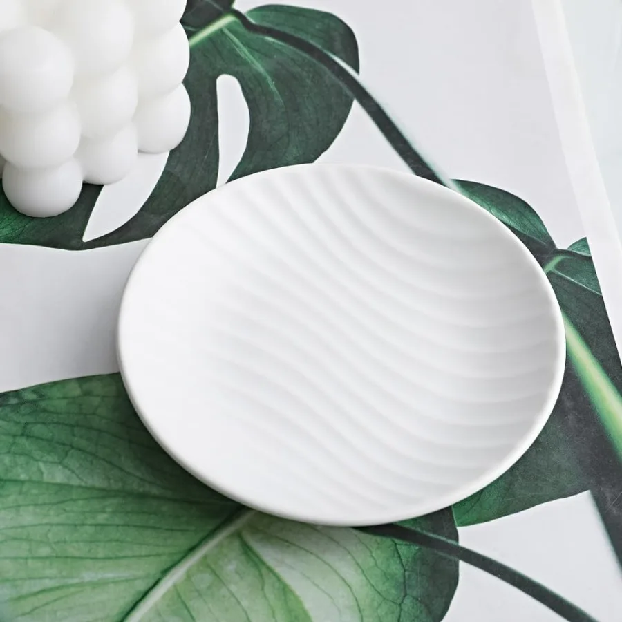 

Chic Round Soap Dish Modern Minimalist Striped Design Ceramic Tray White