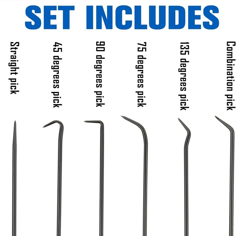 Extra Long Precision Hook And Pick Set, 6-Piece Set, Chrome Vanadium Steel Shaft, For Remove Hoses And Gaskets