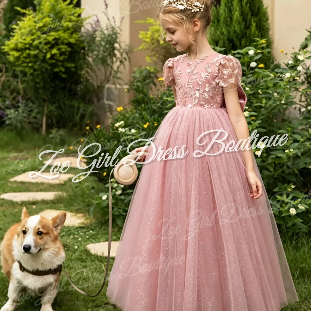 Fashion Pink Embroidery Tulle Flower Girl Dress Short Sleeve Bow Long Gown Wedding Birthday Party First Communion Customized