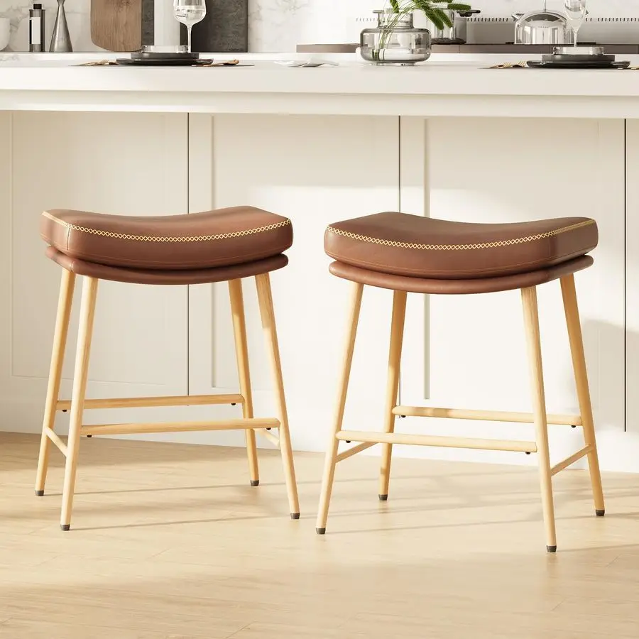 

Stools Set of 2, Counter Height Bar Stools with Thick PU Leather Saddle Seat amp Sturdy Metal Frame Legs,Backless Bar Stools fo