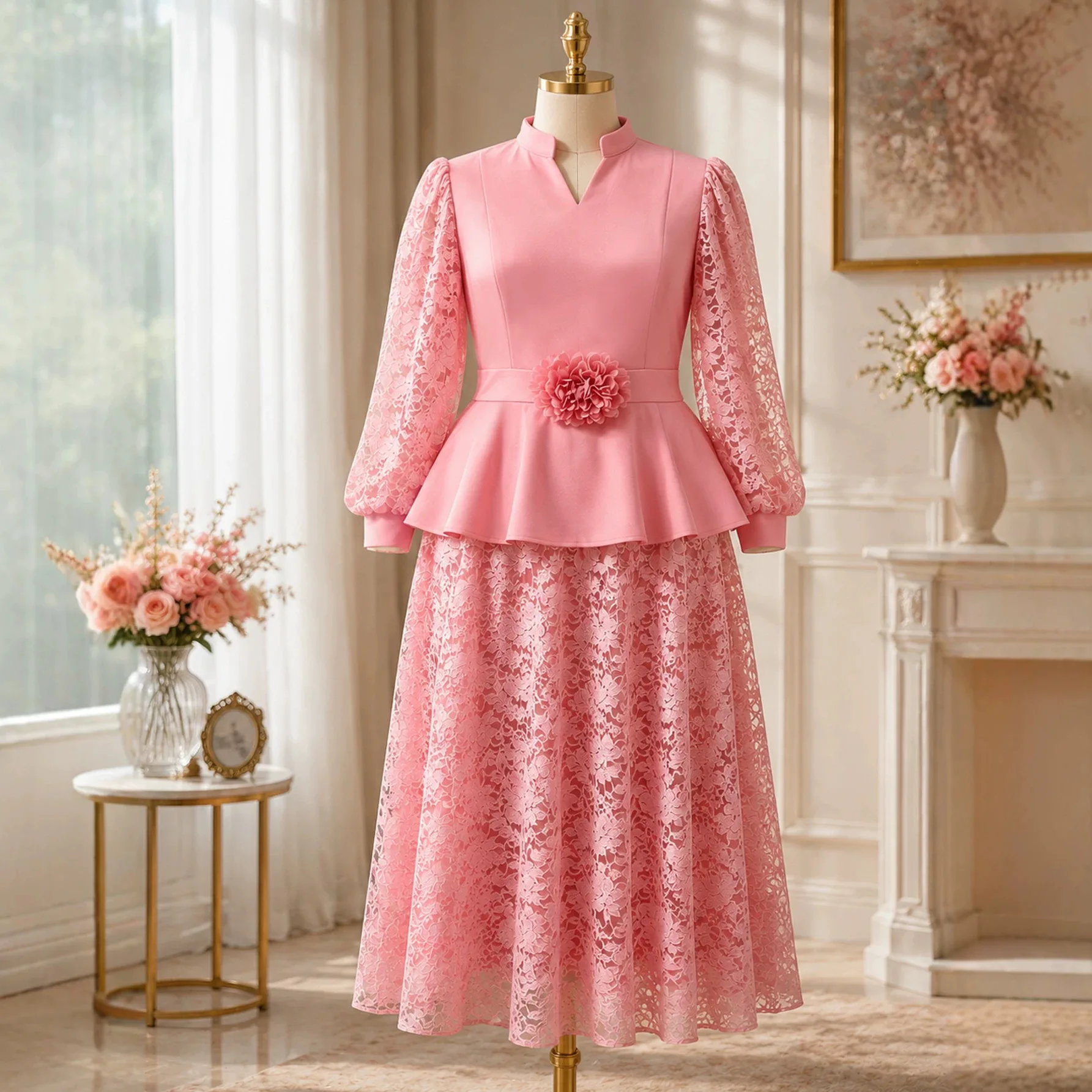 African Dresses for Woman Blouse Stand Collar Notch V Neck Lace Lantern Long Sleeve 3D Flower Waist Church Wedding Guest Casual